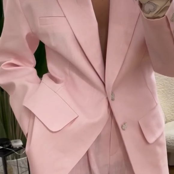 LENAME 100% Linen Pink Blazer and Pants Two Piece Set with Rhinestones - Picture 1 of 1
